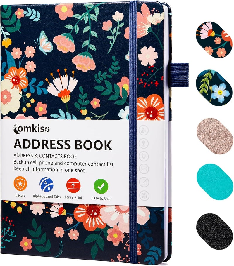 COMKISO Store Address Book with Individual Alphabetical Tabs Laminated, Large Print Address Book with 468 Wide Lining Entry Spaces, Change of Address Labels, Hardcover Address Book 5.7 x 8.5" - Floral - Image 1